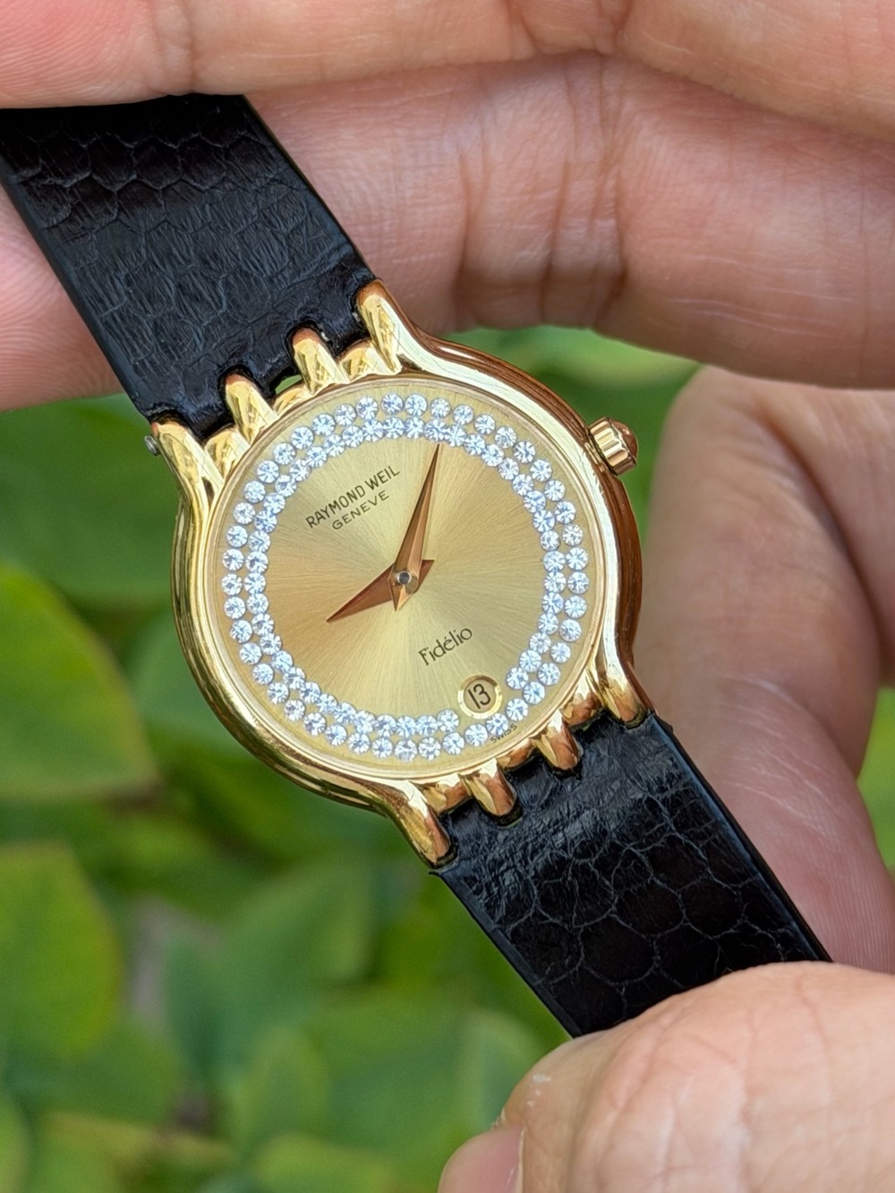 Raymond Weil Gold Dial Crystal Bezel Black Leather Watch
